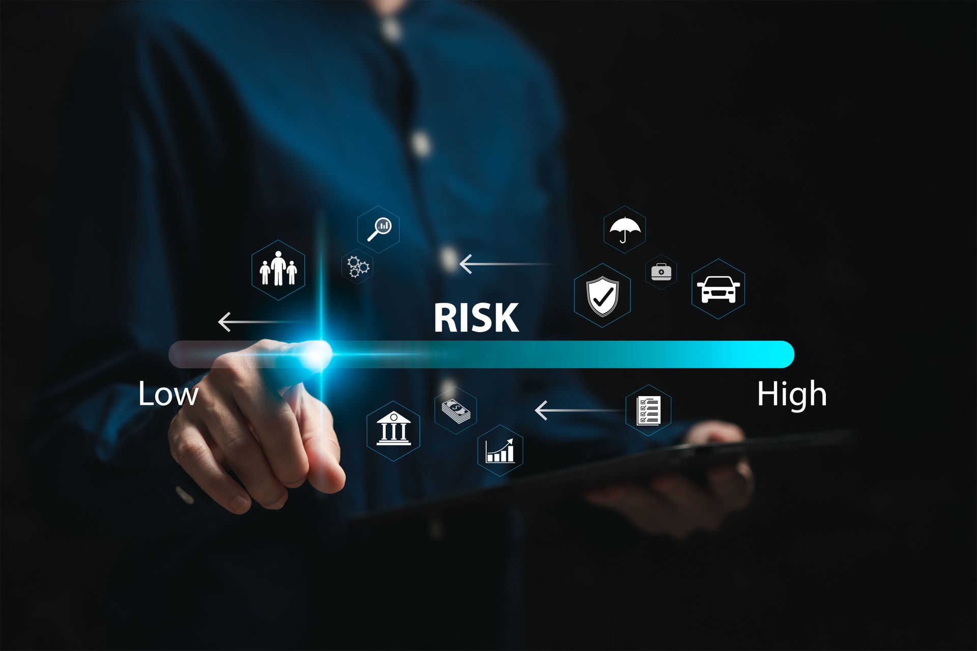 Risk assessment and management concept, Business Woman touch on Low levels of risk management, Evaluation measure analytics technology, Business, Financial, Health, Human resource, Insurance